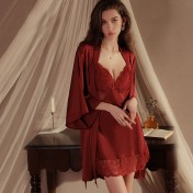 LPLT6319100036 內衣火辣深V加胸墊性感透視蕾絲緞面睡裙外袍家居服套裝