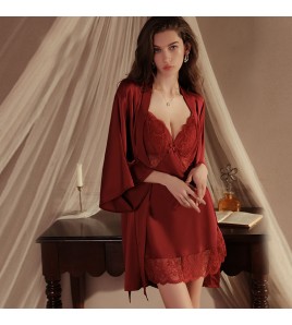 LPLT6319100036 內衣火辣深V加胸墊性感透視蕾絲緞面睡裙外袍家居服套裝
