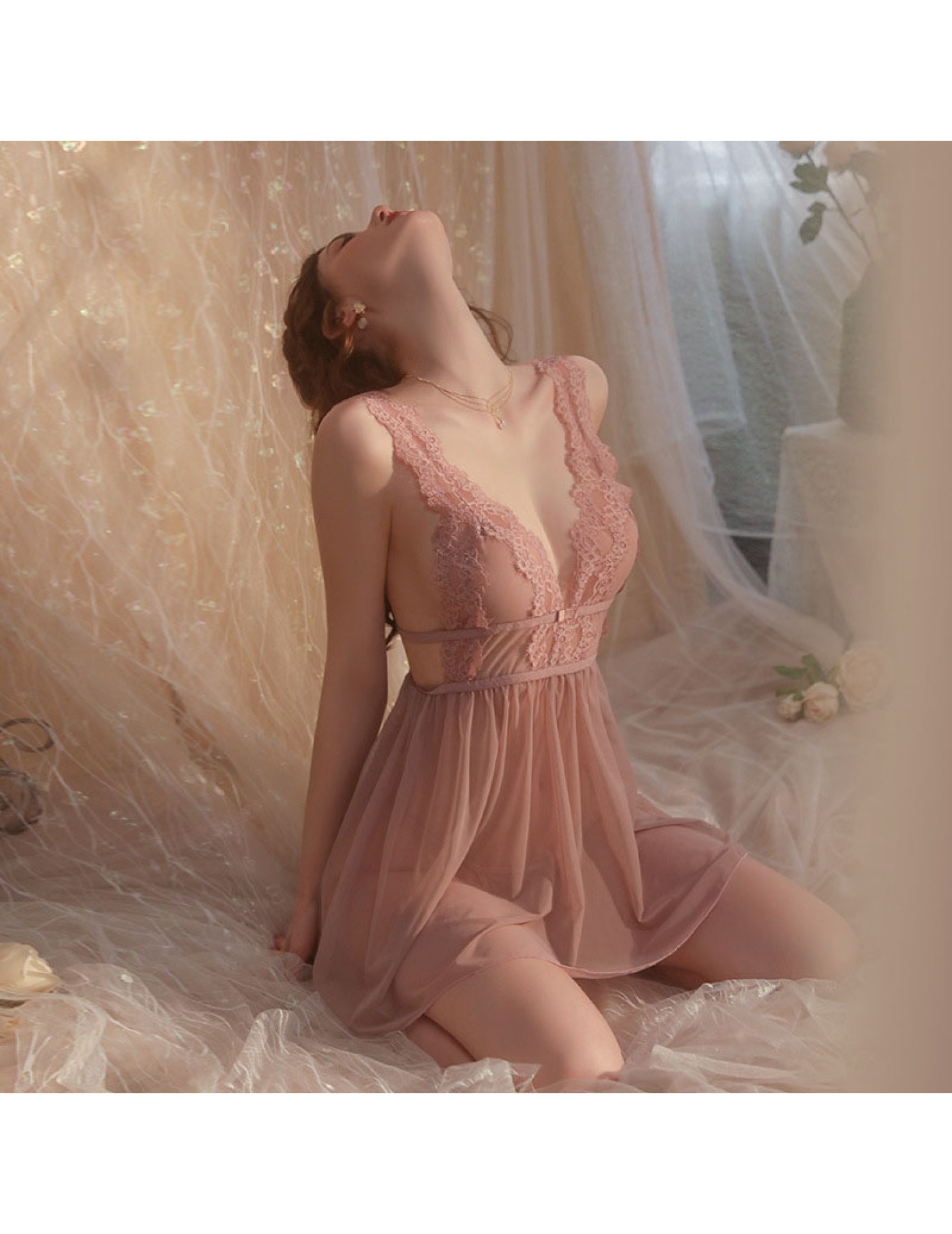 LPLT6319100038 舒適睡衣純色網紗透視誘惑露背大碼吊帶裙家居服套裝