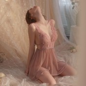 LPLT6319100038 舒適睡衣純色網紗透視誘惑露背大碼吊帶裙家居服套裝