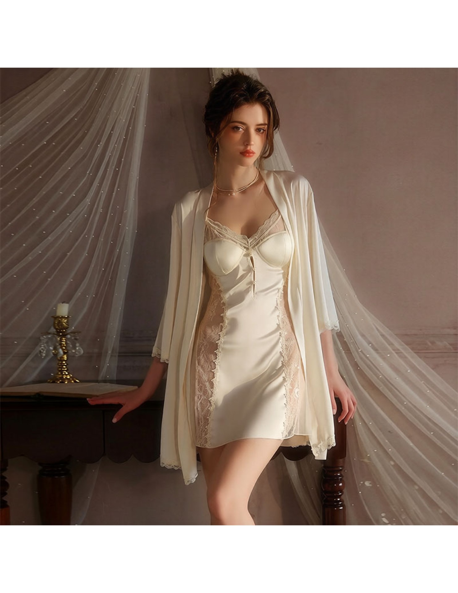 LPLT6319100042 火辣加胸墊女睡衣甜美慵懶蕾絲純欲緞面睡裙外袍大碼套裝