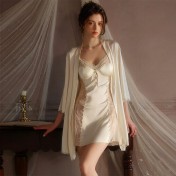 LPLT6319100042 火辣加胸墊女睡衣甜美慵懶蕾絲純欲緞面睡裙外袍大碼套裝