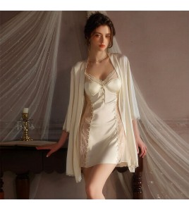 LPLT6319100042 火辣加胸墊女睡衣甜美慵懶蕾絲純欲緞面睡裙外袍大碼套裝