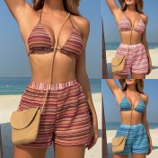 HSPN6325100010 新款歐美性感掛脖比基尼針織撞色沙灘短褲三件套泳裝BIKINI