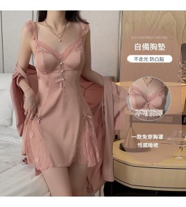 LPLT6319100045 甜美順滑緞面內衣性感大碼深V加胸墊睡裙外袍家居套裝