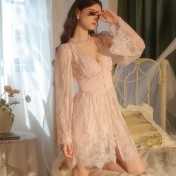 LPLT6319100052 性感深V加胸墊鋼圈聚攏蕾絲修身睡裙收腰系扣外袍家居服