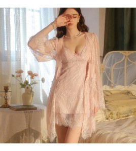 LPLT6319100052 性感深V加胸墊鋼圈聚攏蕾絲修身睡裙收腰系扣外袍家居服