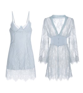 LPLT6319100052 性感深V加胸墊鋼圈聚攏蕾絲修身睡裙收腰系扣外袍家居服