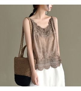 LWBC6326100001 夏季棉麻小背心純棉內搭打底鏤空刺繡蕾絲吊帶寬松亞麻無袖上衣女