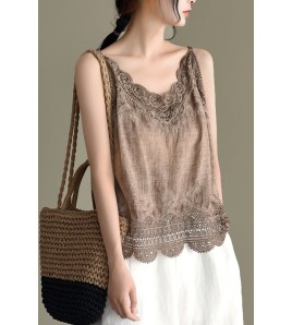 LWBC6326100001 夏季棉麻小背心純棉內搭打底鏤空刺繡蕾絲吊帶寬松亞麻無袖上衣女