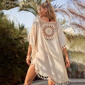 LWBC6326100002 新款性感露肩鏤空寬松大碼流蘇比基尼風沙灘女裝連衣裙