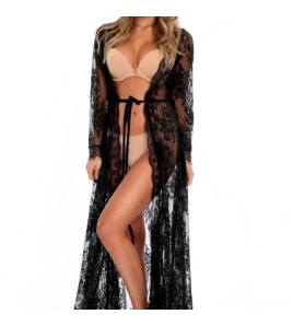 LWBC6326100003 新款波浪花邊蕾絲寬松防曬沙灘開衫長裙度假裝泳衣外搭罩衫女