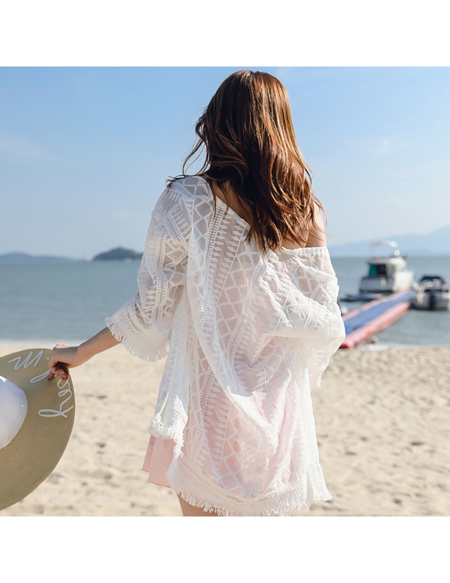 LWBC6326100006 蕾絲雪紡衫流蘇開衫外搭 度假民族風波西米亞沙灘防曬衣女