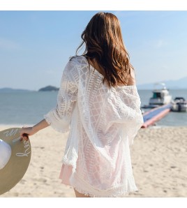 LWBC6326100006 蕾絲雪紡衫流蘇開衫外搭 度假民族風波西米亞沙灘防曬衣女