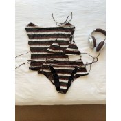 HSPN6328100001 加州辣妹性感條紋斜肩針織分體泳衣海島度假溫泉