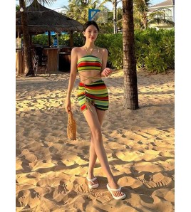 HSPN6328100003 Colorful summer island bikini vacation knitted tube top halter neck sexy swimsuit