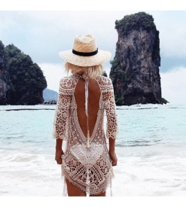 LWBC6326100009 沙灘度假防曬衣性感鏤空蕾絲鉤花露背連衣裙比基尼罩衫