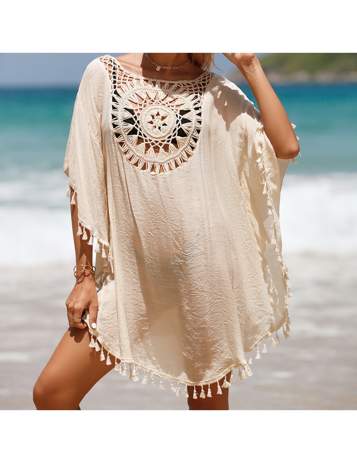 LWBC6326100011 度假手鉤純色拼接沙灘裙流蘇防曬短款性感沙灘罩衫