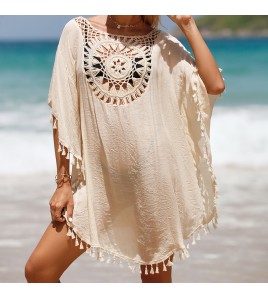 LWBC6326100011 度假手鉤純色拼接沙灘裙流蘇防曬短款性感沙灘罩衫