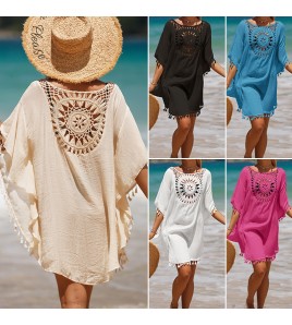 LWBC6326100011 度假手鉤純色拼接沙灘裙流蘇防曬短款性感沙灘罩衫