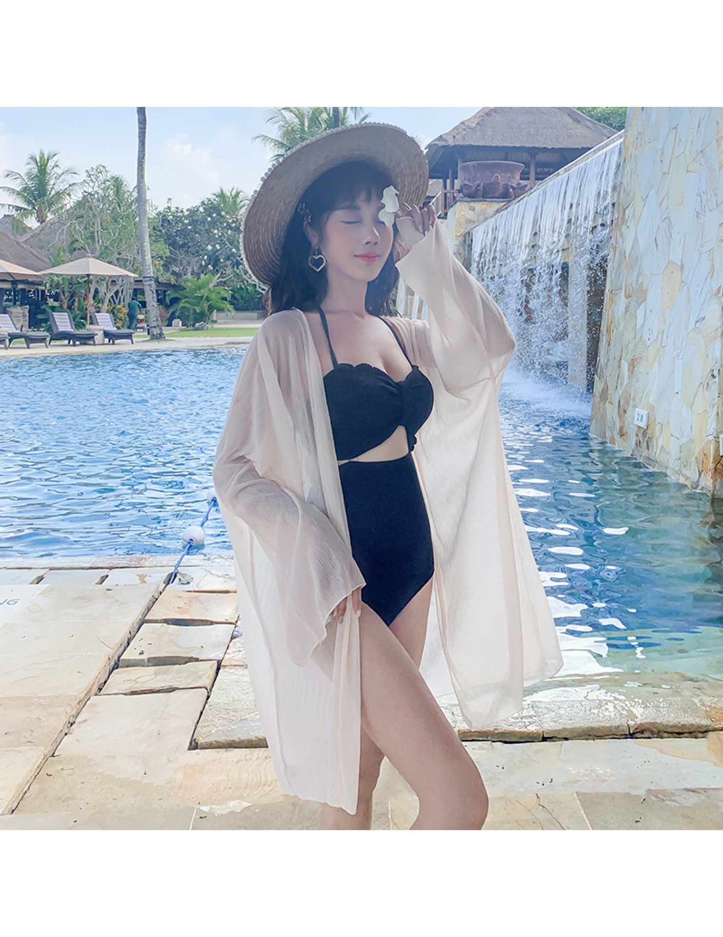 LWBC6326100012 馬爾代夫海邊度假風輕薄壓褶雪紡開衫中長薄款寬松大碼防曬衣