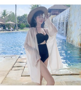 LWBC6326100012 馬爾代夫海邊度假風輕薄壓褶雪紡開衫中長薄款寬松大碼防曬衣