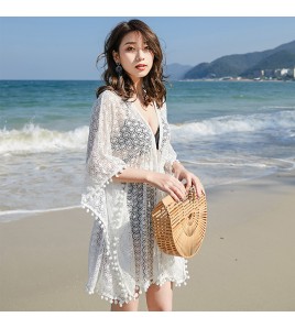LWBC6326100021 海邊度假沙灘泳衣罩衫女單件可下水外搭溫泉寬松比基尼罩衫長款白