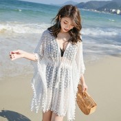 LWBC6326100021 海邊度假沙灘泳衣罩衫女單件可下水外搭溫泉寬松比基尼罩衫長款白