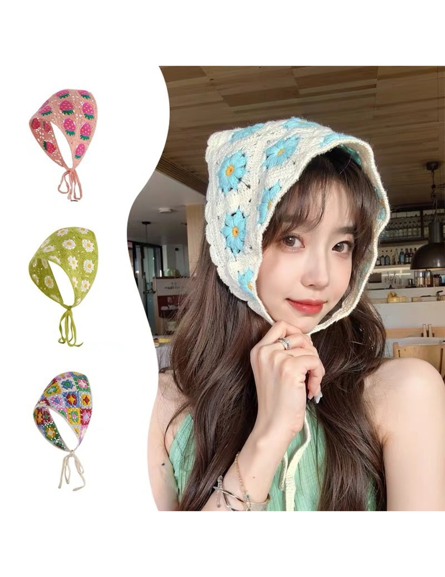LWBC6326100023 法式復古頭巾女夏季甜美可愛鉤花文藝風發帶針織手工辣妹三角巾潮