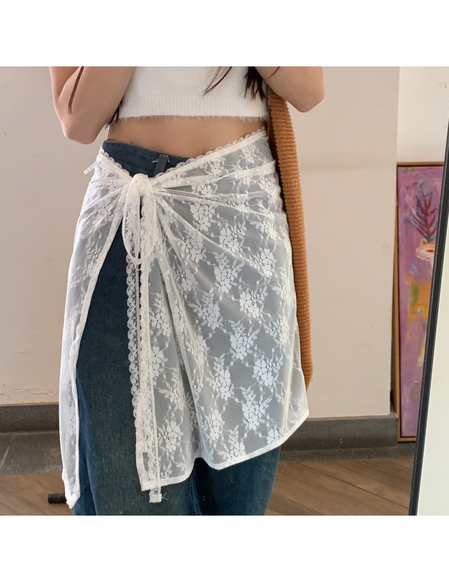LWBC6326100026 韓版白色蕾絲屁簾女系帶甜美半身裙百搭圍裙罩裙