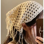 LWBC6326100028 波西米亞~民族風系帶屁簾高級感針織頭巾疊穿辣妹時尚百搭三角巾