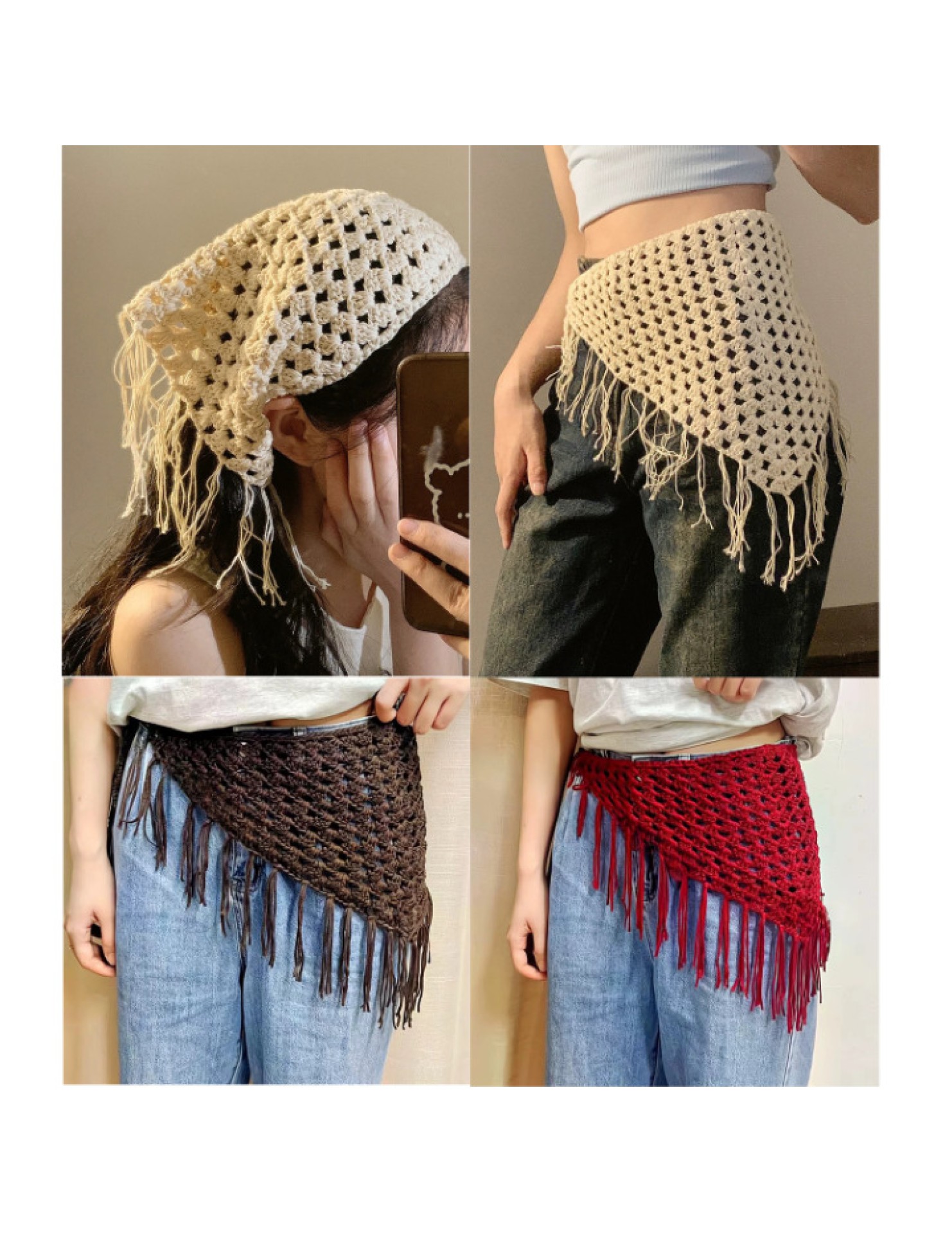 LWBC6326100028 波西米亞~民族風系帶屁簾高級感針織頭巾疊穿辣妹時尚百搭三角巾