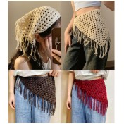 LWBC6326100028 波西米亞~民族風系帶屁簾高級感針織頭巾疊穿辣妹時尚百搭三角巾