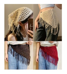 LWBC6326100028 波西米亞~民族風系帶屁簾高級感針織頭巾疊穿辣妹時尚百搭三角巾