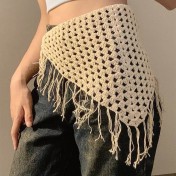 LWBC6326100028 波西米亞~民族風系帶屁簾高級感針織頭巾疊穿辣妹時尚百搭三角巾