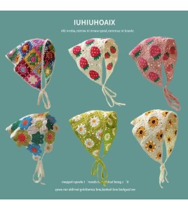 LWBC6326100038 秋出游甜美可愛風手工針織發帶女發飾針織鉤花頭巾夏三角巾