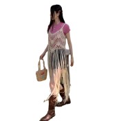 LWBC6326100039 夏季新款中長款無袖罩衫女流蘇純色吊帶背心寬松波西米亞風上衣潮