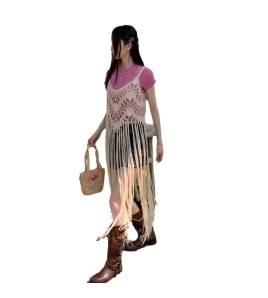 LWBC6326100039 夏季新款中長款無袖罩衫女流蘇純色吊帶背心寬松波西米亞風上衣潮