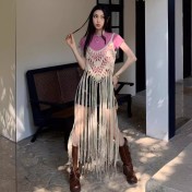 LWBC6326100039 夏季新款中長款無袖罩衫女流蘇純色吊帶背心寬松波西米亞風上衣潮