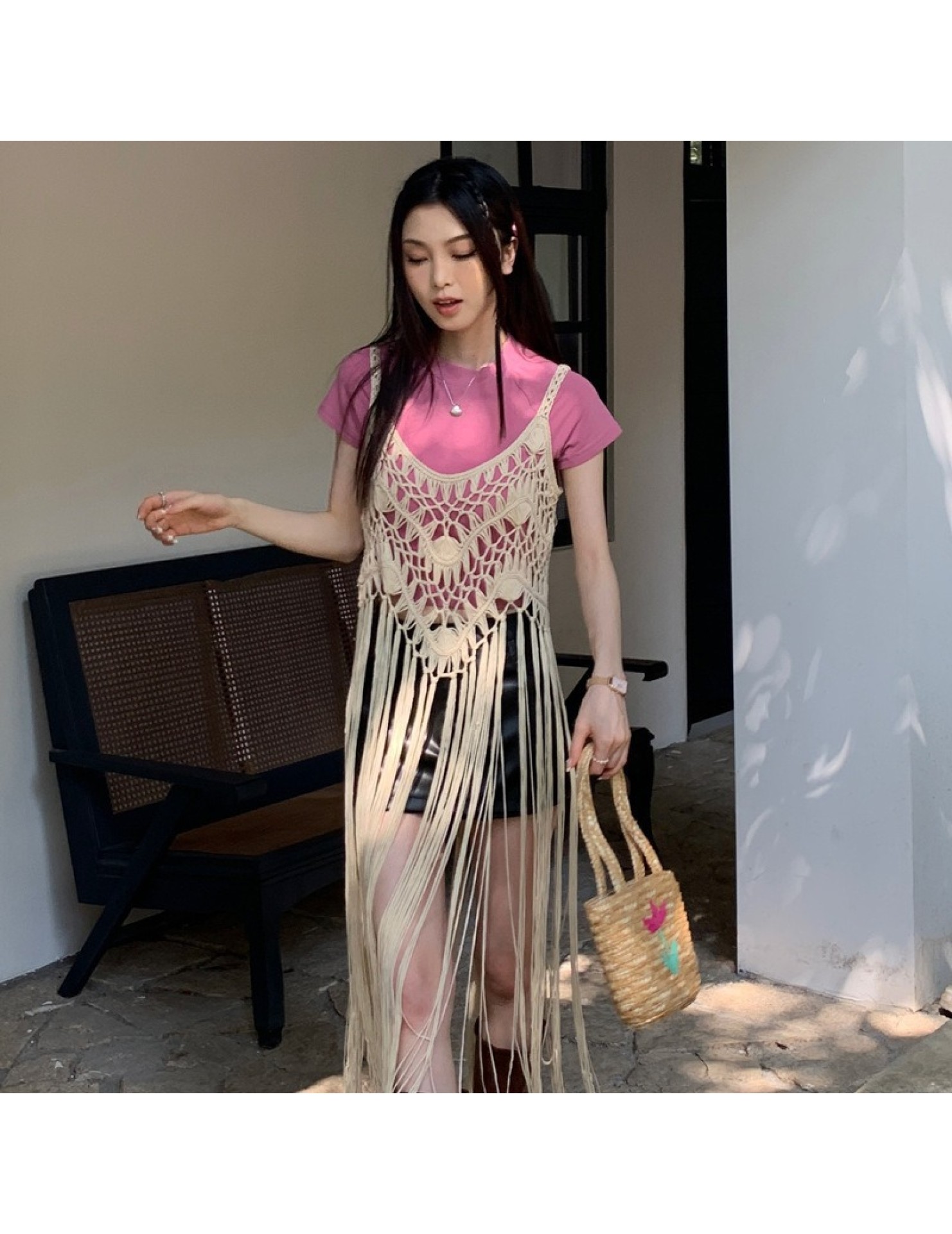 LWBC6326100039 夏季新款中長款無袖罩衫女流蘇純色吊帶背心寬松波西米亞風上衣潮