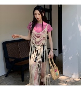 LWBC6326100039 夏季新款中長款無袖罩衫女流蘇純色吊帶背心寬松波西米亞風上衣潮