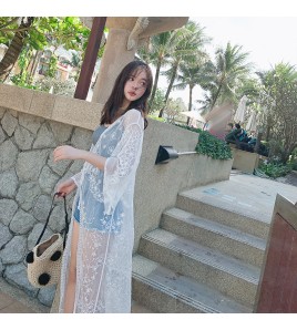 LWBC6326100057 蕾絲網紗刺繡透視輕盈長款闊袖防曬衣蕾絲衫開衫