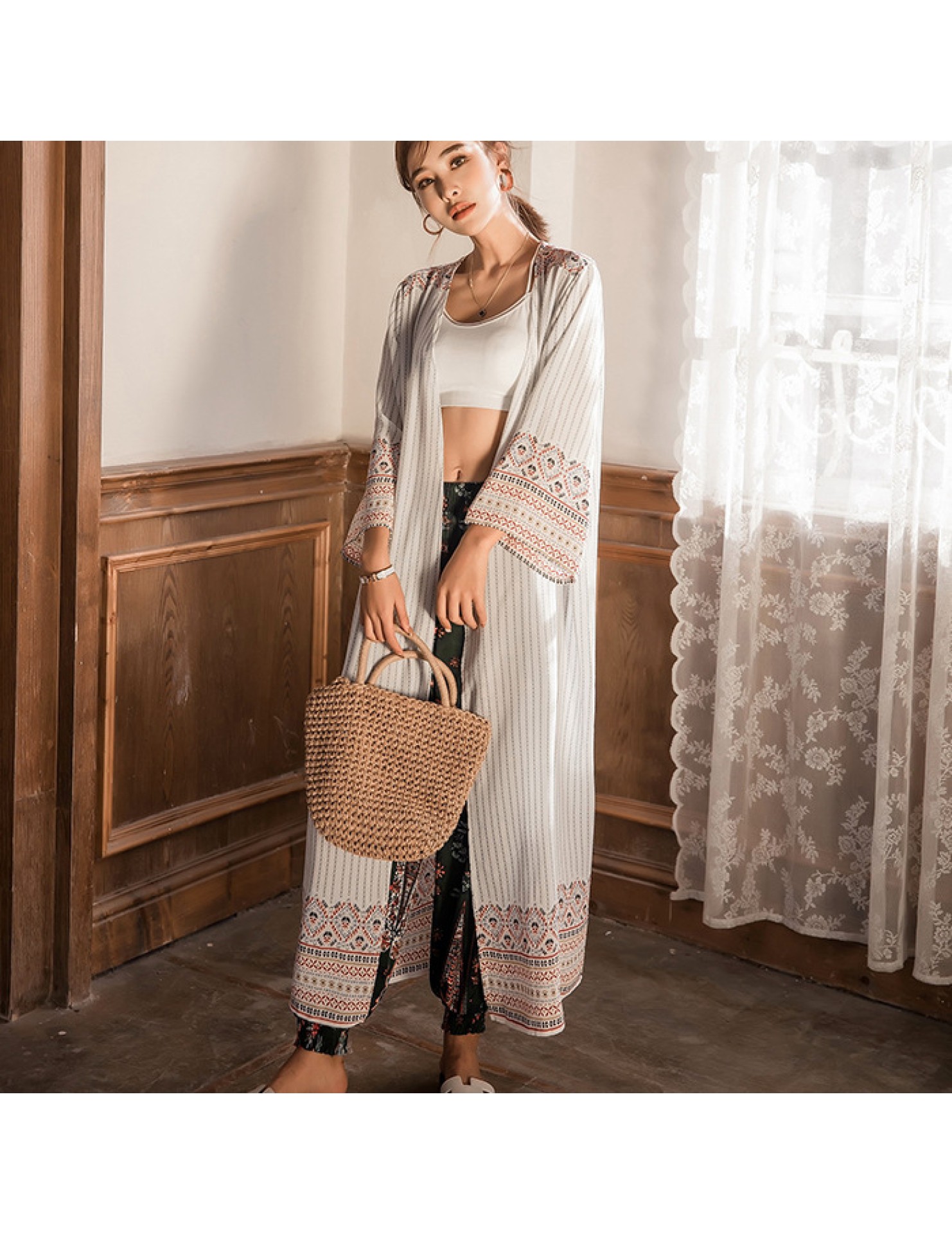 LWBC6326100058 海邊度假沙灘防曬衣女中長款披肩外搭寬松民族風條紋薄款開衫