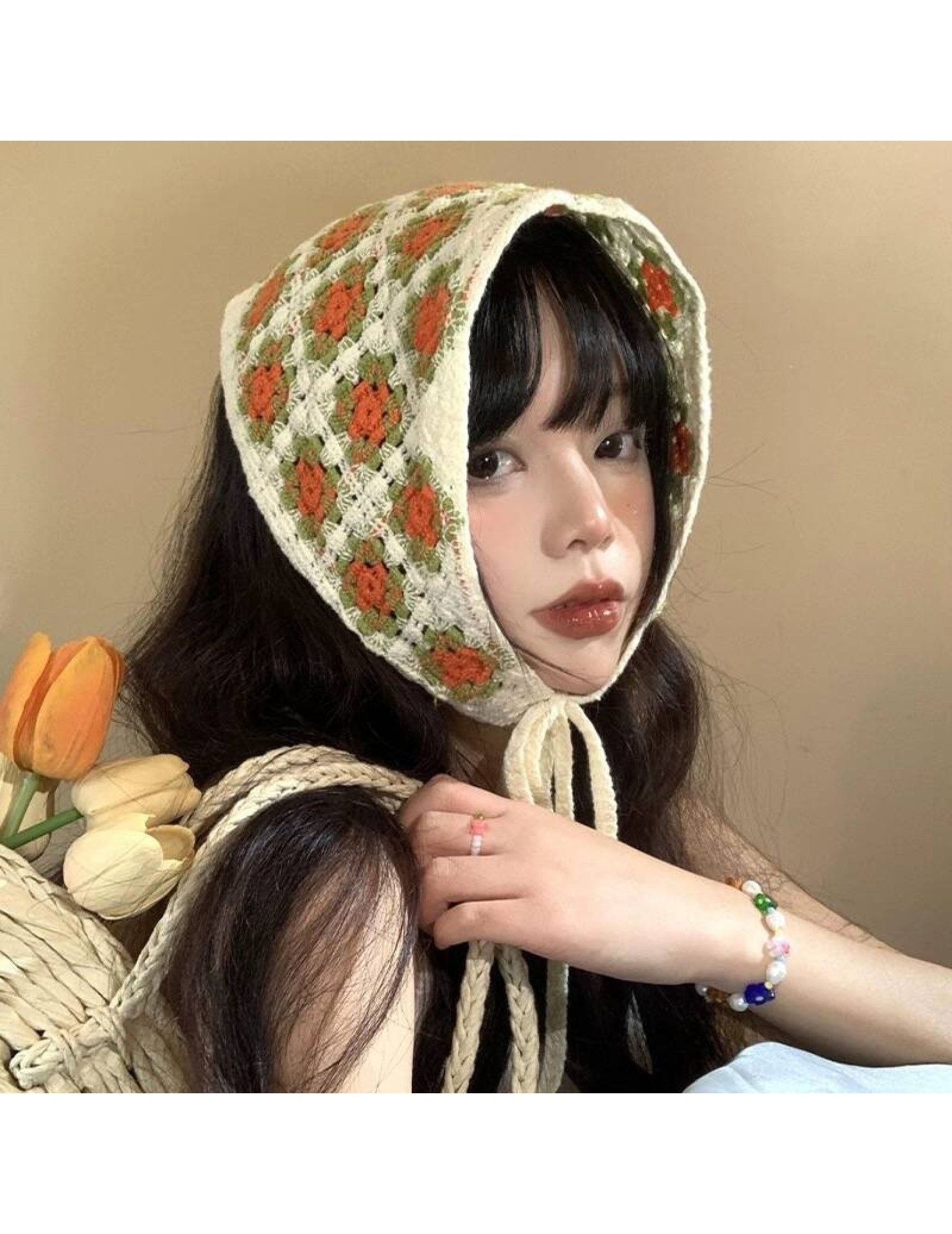 LWBC6326100076 法式復古針織鏤空頭巾女夏季包頭三角形田園風海邊沙灘防曬三角巾