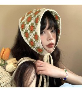 LWBC6326100076 法式復古針織鏤空頭巾女夏季包頭三角形田園風海邊沙灘防曬三角巾