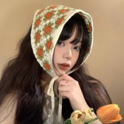 LWBC6326100076 法式復古針織鏤空頭巾女夏季包頭三角形田園風海邊沙灘防曬三角巾