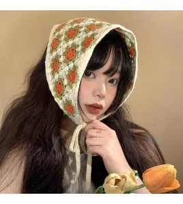 LWBC6326100076 法式復古針織鏤空頭巾女夏季包頭三角形田園風海邊沙灘防曬三角巾