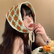 LWBC6326100076 法式復古針織鏤空頭巾女夏季包頭三角形田園風海邊沙灘防曬三角巾