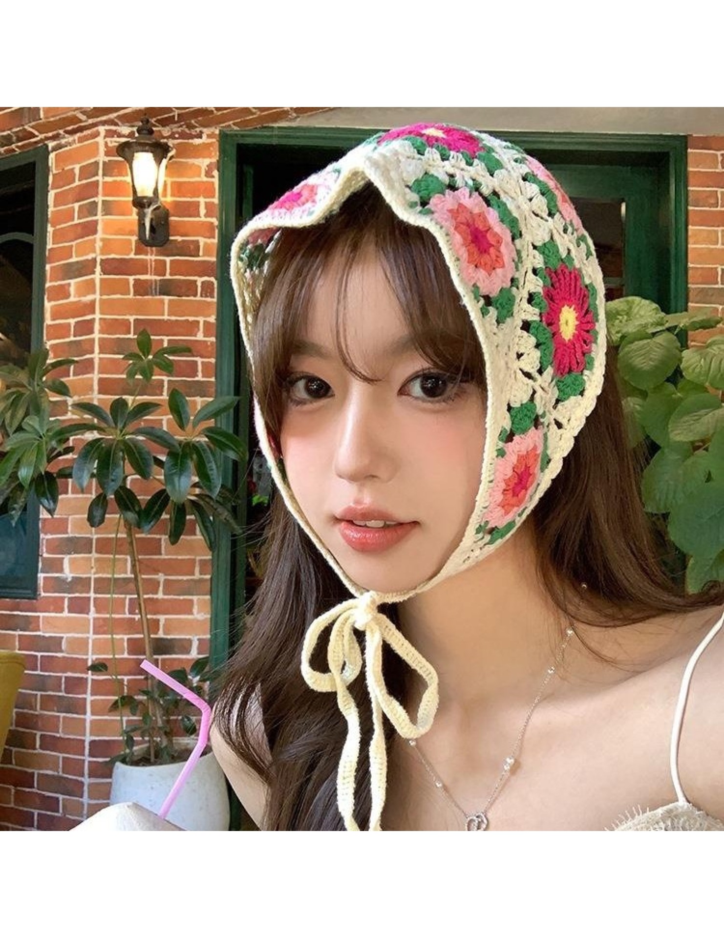 LWBC6326100081 春游花朵三角巾ins復古法式針織方巾包頭巾手工勾花甜美發帶頭帶