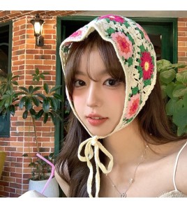 LWBC6326100081 春游花朵三角巾ins復古法式針織方巾包頭巾手工勾花甜美發帶頭帶